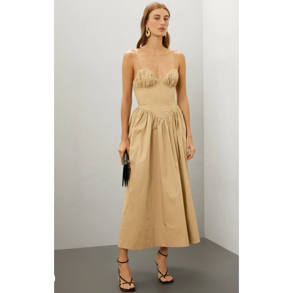 Ronny Kobo Carmine Sleeveless Corset Midi Dress Ruched Tan‎ Small *READ*